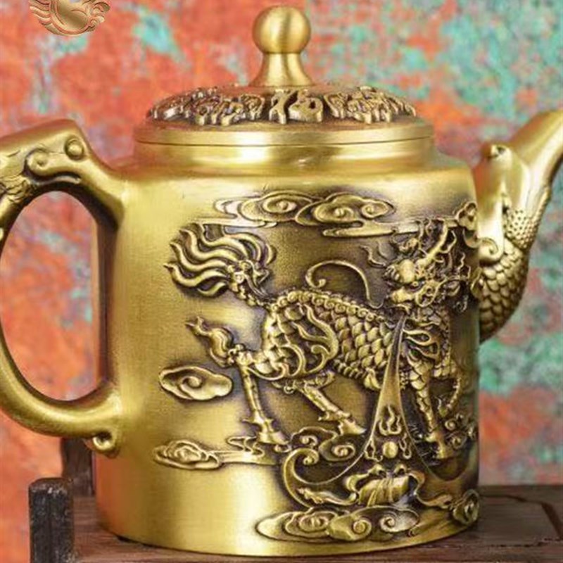 黄铜麒麟百福茶壶中式工r艺品老式高端浮雕酒壶家居茶桌办公室摆