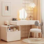 实木烤漆梳妆台现代卧室简约斗柜一体化妆桌主卧新款 奶油风化妆台