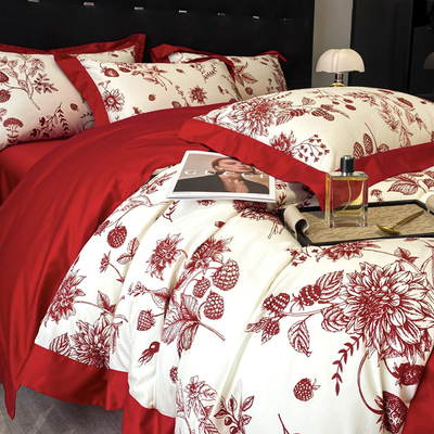 轻奢复古红色婚庆四件套全棉纯棉结婚被套床单长绒棉婚房床上用品