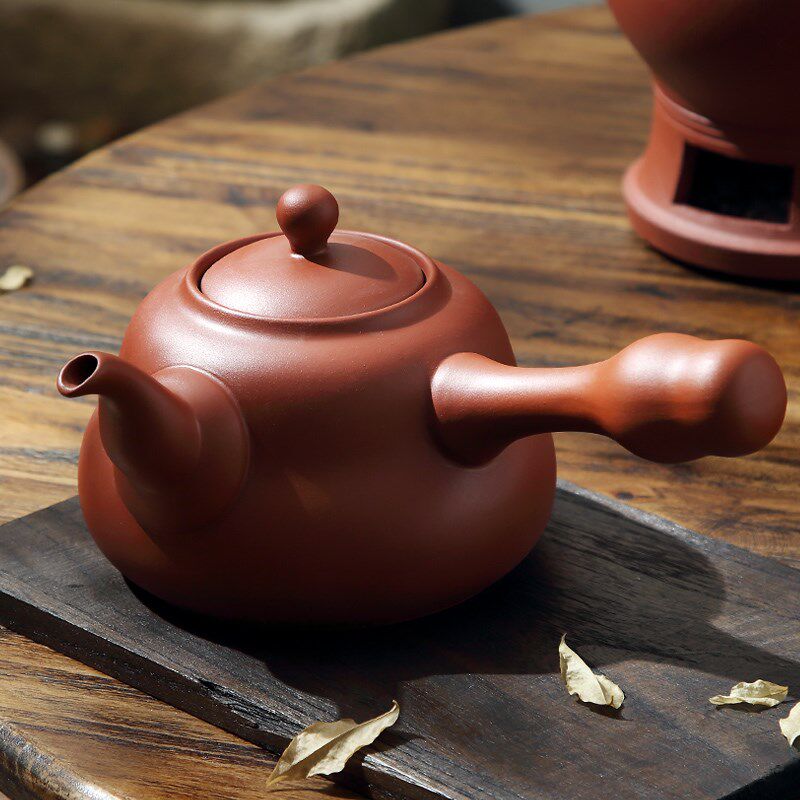 潮州朱泥陶壶 粗陶煮茶壶烧水壶 紫砂电陶炉聚福侧把壶薄胚砂铫壶