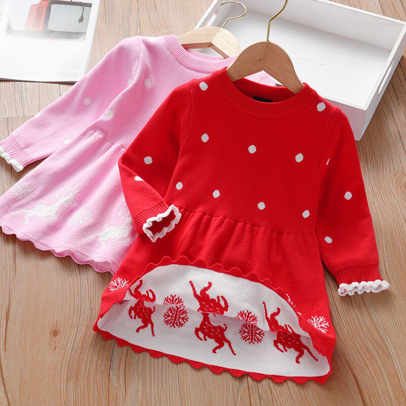 女童连衣裙秋装圣诞麋鹿毛衣裙2021新款儿童长袖圆领针织公主裙秋