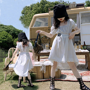 女童连衣裙夏装21新款设计感燕尾裙韩版收腰泡泡袖不规则公主裙潮