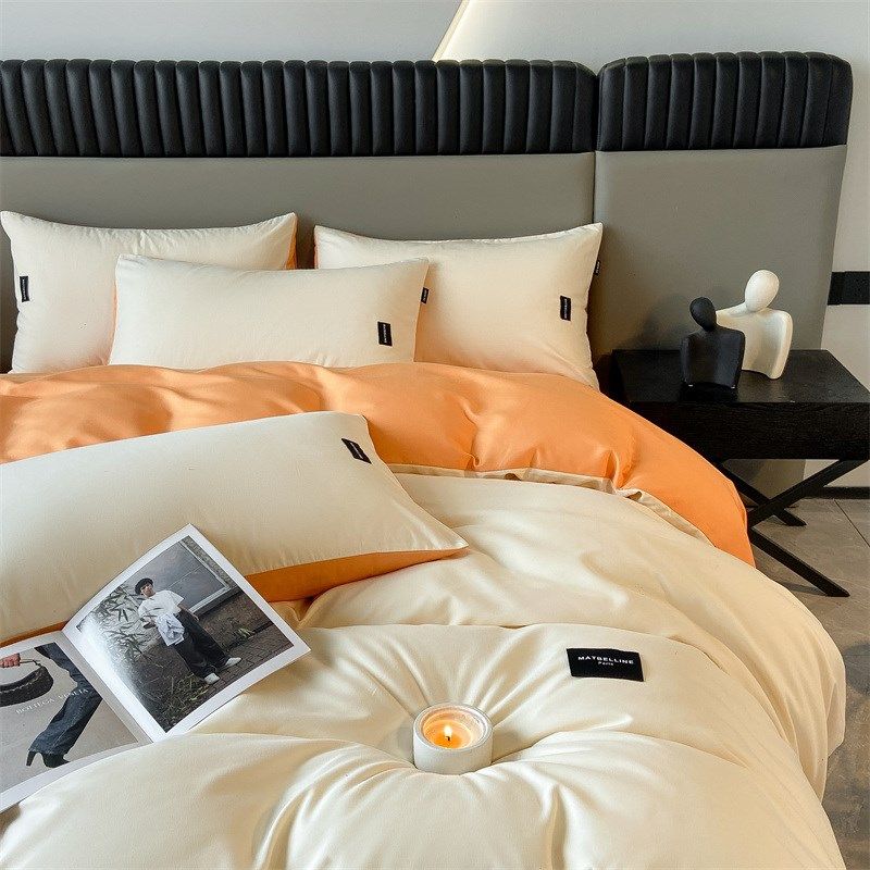 简约纯色磨毛全棉四件套被t套纯棉被套牀单牀笠款亲肤裸睡牀上用