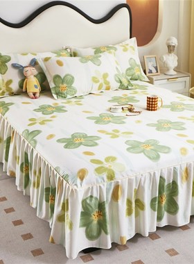 小清新床裙纯棉单件绿色田园公主风床罩下摆遮丑防滑床垫套裙式