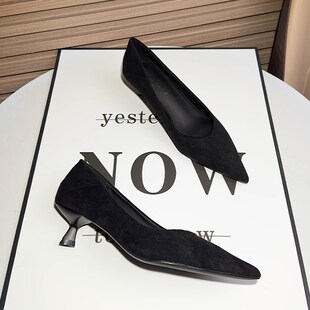 舒适低跟柔软绒面工作通勤尖头细跟黑色职业高跟鞋女2024年新款秋