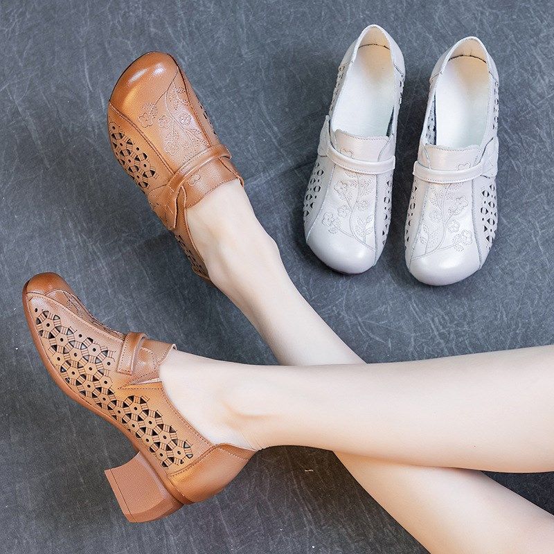 515套脚凉鞋夏新款真皮女式粗跟软底冲孔鞋头层牛皮复古风鞋,女鞋,罗马凉鞋,淘宝优惠券,粉丝福利购,淘宝优惠卷