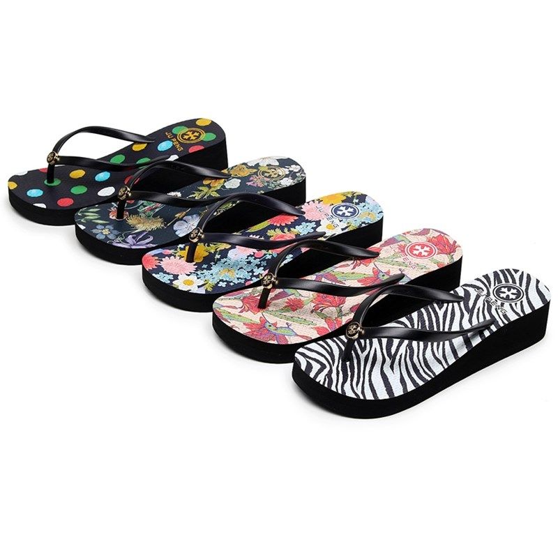 坡跟厚底人字拖时尚印花夏季休闲外穿防滑橡胶中跟沙滩夹脚凉拖鞋,女鞋,人字拖,淘宝优惠券,粉丝福利购,淘宝优惠卷