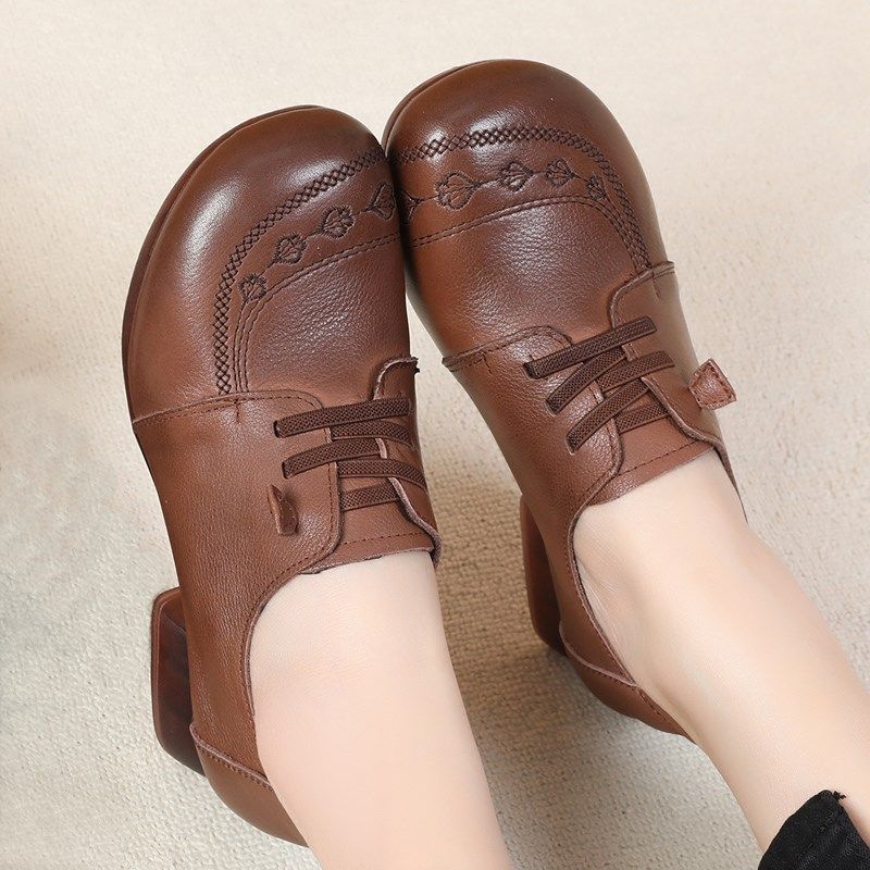 真皮牛筋底妈妈鞋复古女鞋软皮休闲春秋单鞋女粗跟软底中老年皮鞋,女鞋,深口单鞋,淘宝优惠券,粉丝福利购,淘宝优惠卷