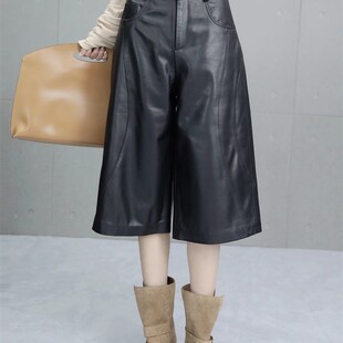 女2025秋季 绵羊皮小个子休闲裤 新款 高腰七分裤 真皮黑色皮裤 阔腿裤