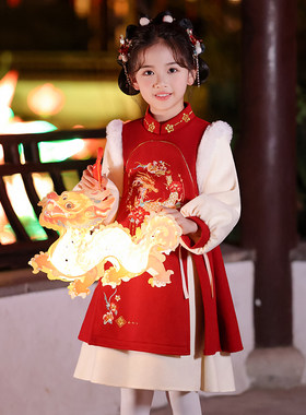 拜年服女童冬季加绒唐装汉服女宝宝新年过年喜庆加厚旗袍连衣裙