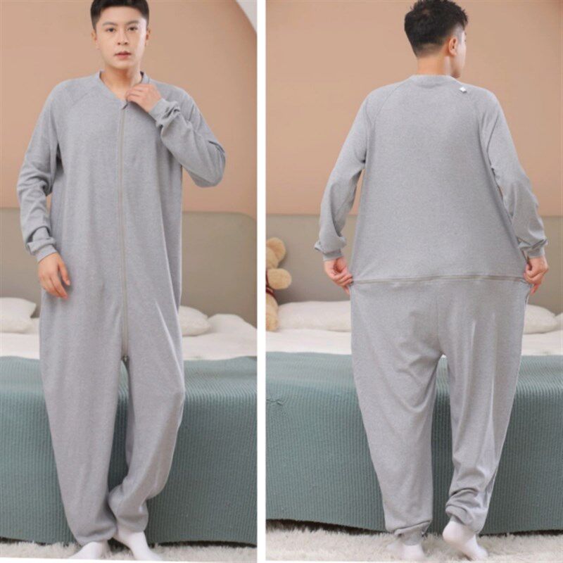 秋灰色纯棉长袖拉炼一体睡袋式连身睡衣秋衣卫生裤老人男士纯色春