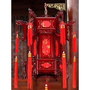 实木六角宫灯大红灯笼阳台大门结婚吊灯中式仿古旋转户外新年挂饰