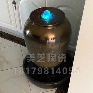 书房涌泉摆件流水罐陶缸喷泉储水陶罐加湿器坛子顶部冒水缸大花瓶
