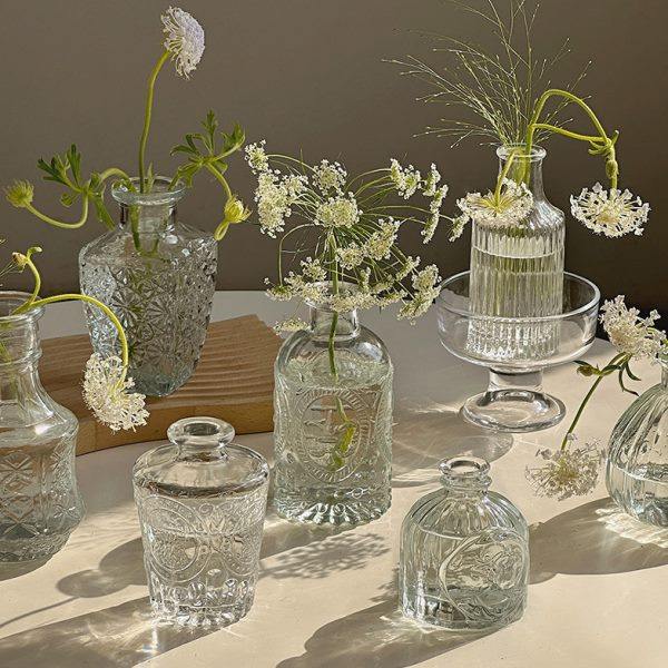 迷你玻璃小花瓶桌面透明法式复古浮雕摆件水培绿植小清新插花花器,家居饰品,花瓶,淘宝优惠券,粉丝福利购,淘宝优惠卷