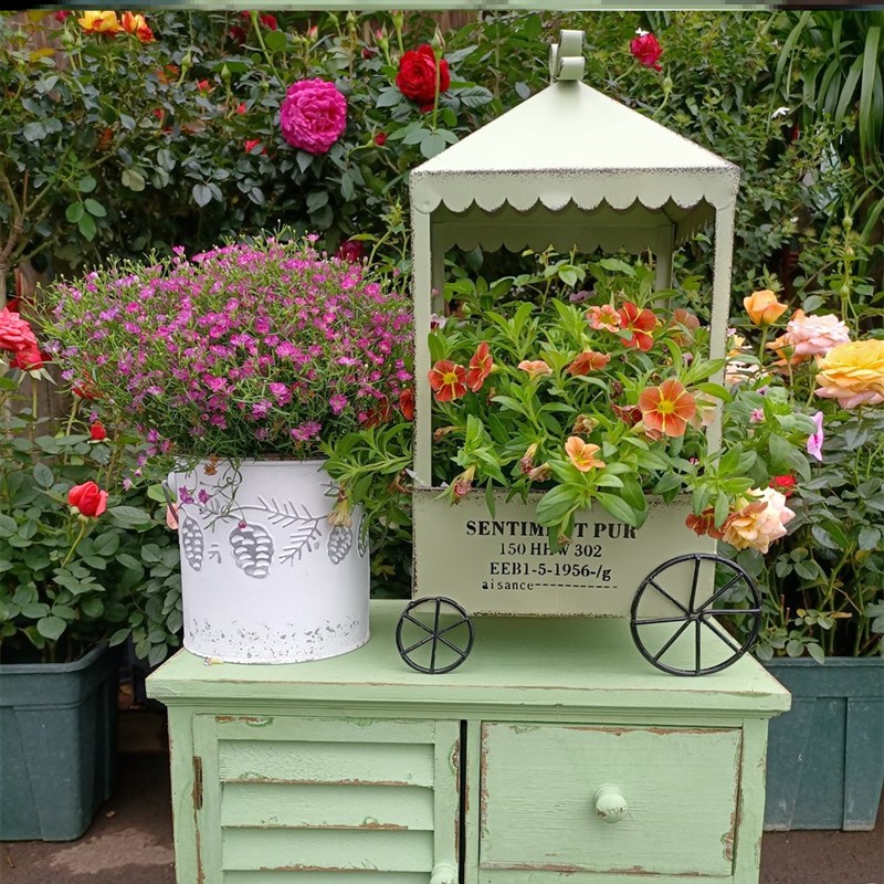 日系覆古铁艺做旧四轮小花车庭院别墅阳台装饰品S摆件民宿装饰花