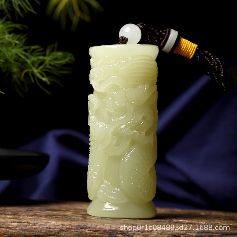 冰种阿富汗玉龙柱手把件男士盘龙柱辈辈福青白玉手玩Y件把玩件把