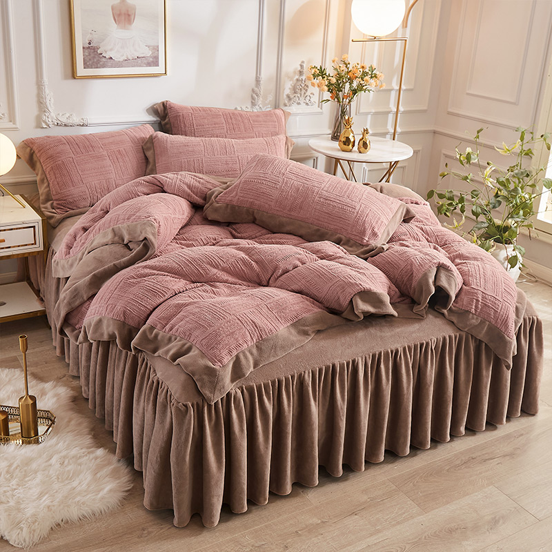 加厚雕花牛奶绒四件套床裙式简约奢E华珊瑚绒双面绒被套床罩防静