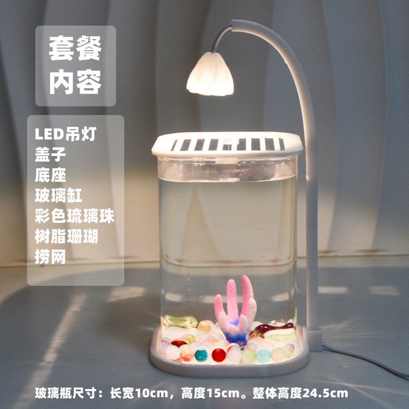 斗鱼专用双缸高透迷你小型x网红造景玻璃桌面缸工位感带灯盖子