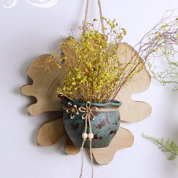 粗陶花盆带手工罐田园悬挂实木板复古花器格做旧风壁挂花花器插