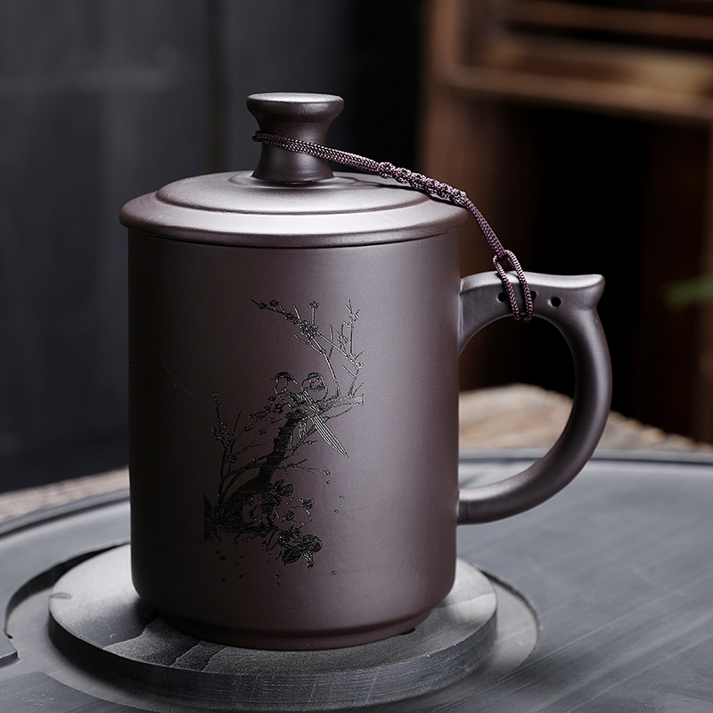 办公茶杯紫砂杯家用刻字带盖个人大容量喝水杯Q单个带把非陶瓷定