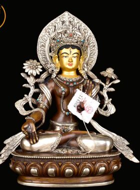 尼泊尔纯铜密宗白度母居家精品摆件手工鎏银品1尺铜像