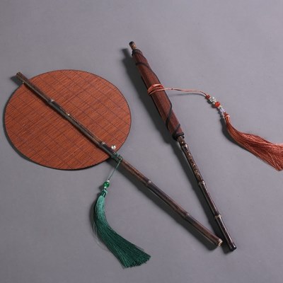 紫竹腰扇古风长柄团扇可折叠旋转扇网红打卡道具手工竹编印花蒲扇