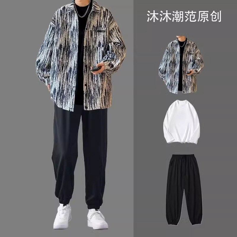 扎染夹克外套男生酷帅穿搭春秋季套装韩版休闲宽松一套搭配三件套