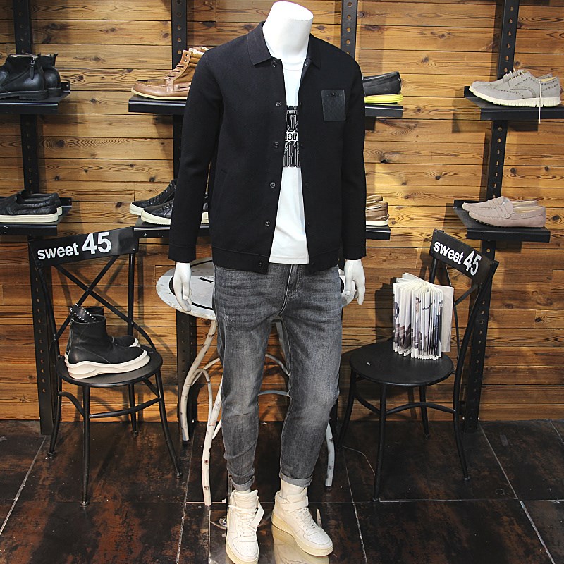 拼接皮口袋简约男针织夹克修身帅气翻领毛衣开衫外套秋装毛织外套