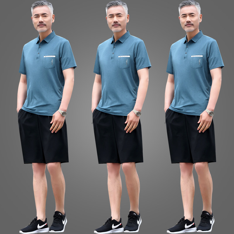 爸爸夏装冰丝套装2024新款短袖t恤中老年人休闲夏季运动服套装男图片