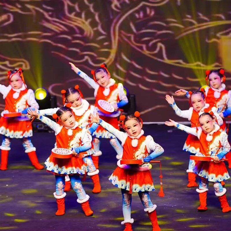 元旦儿童喜庆中国红演出服男女童幼儿舞蹈裙灯笼梦娃太平鼓表演服