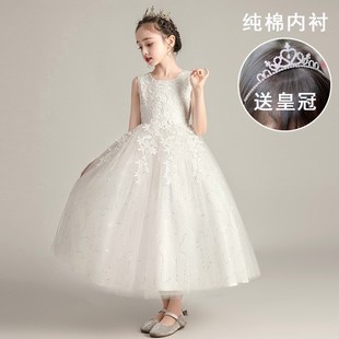 女童连衣裙夏装长款公主裙花童婚纱裙白色儿童演出服主持人礼服裙