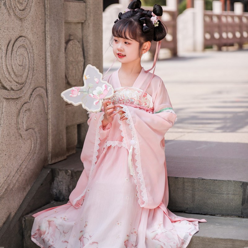 儿童汉服女童中国风古装超仙唐代改良粉色刺绣连衣裙日常襦裙广袖