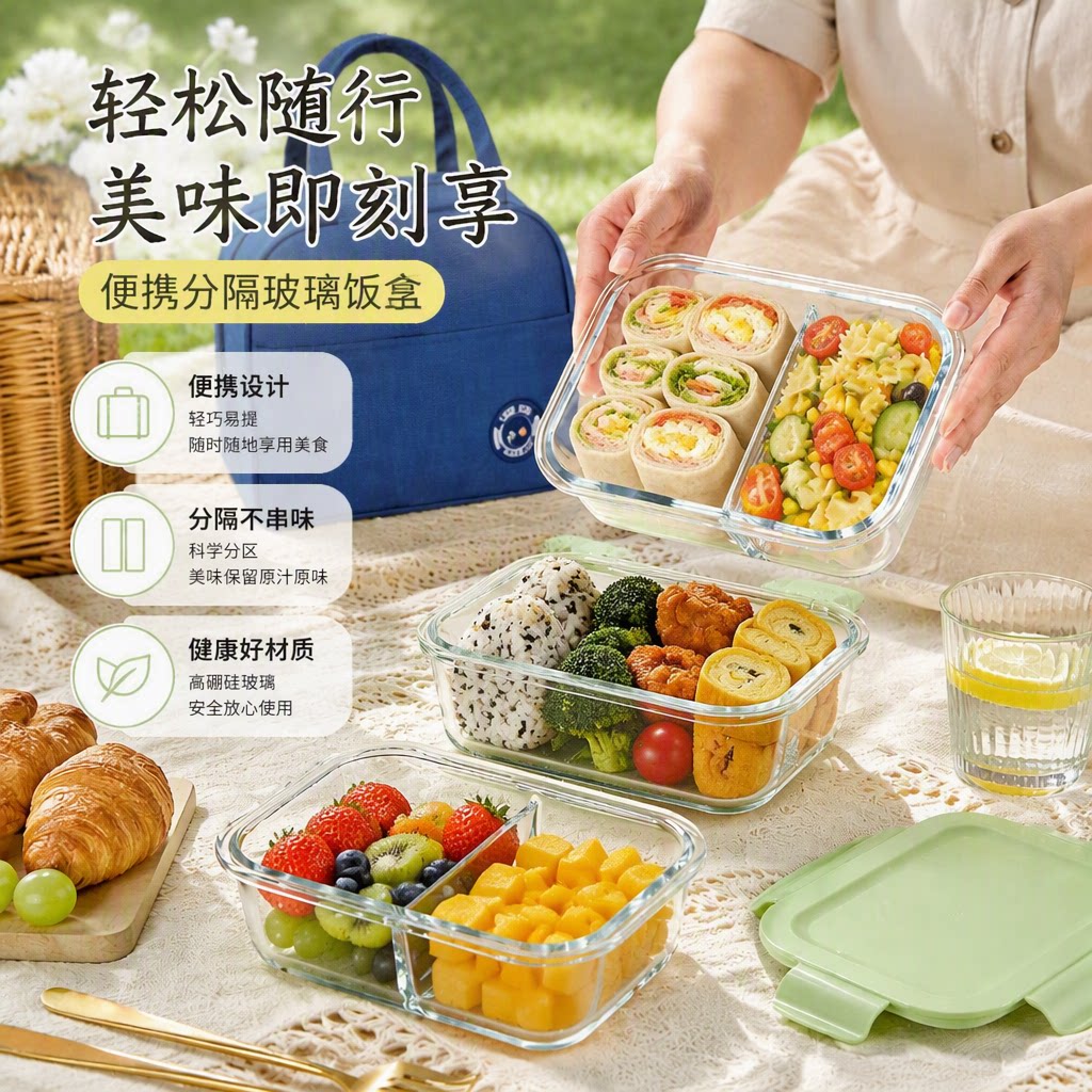 高硼硅玻璃微波分隔保鲜便当碗图片