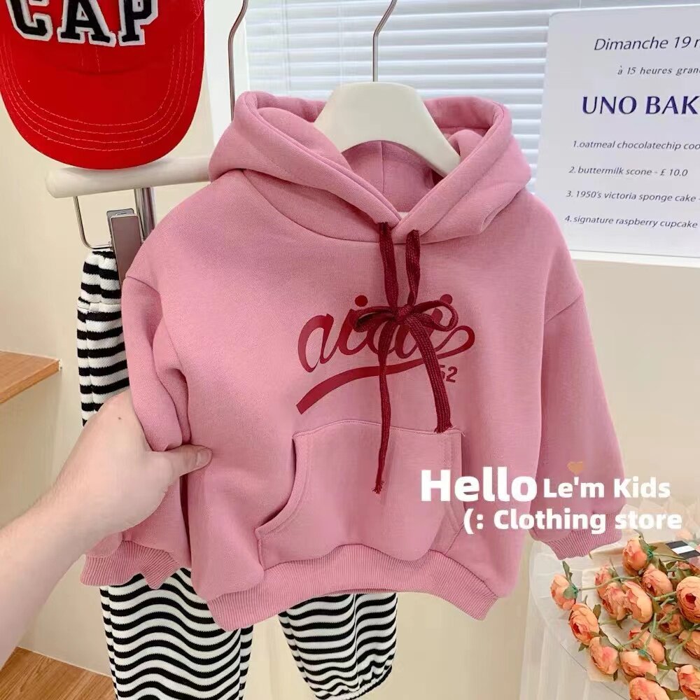 2023冬季新款女童韩版双层加绒连帽运动衫条纹一体绒裤休闲二件套