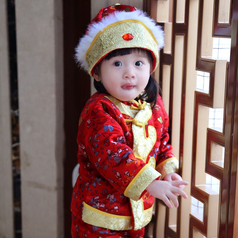 宫廷手工儿童唐装男女童周岁宝宝拜年服棉衣套装冬季婴儿新年礼服