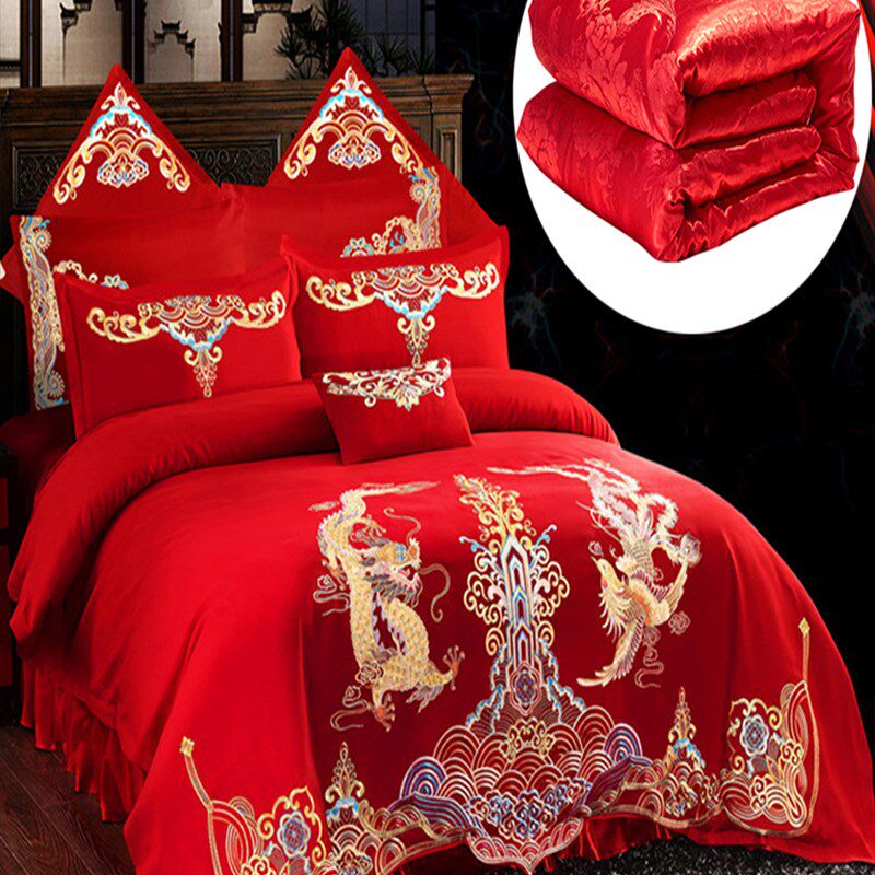 婚庆四件套大红刺绣结婚新婚双人中式龙凤绣花六八件套送枕芯被芯,床上用品,婚庆床品套件,淘宝优惠券,粉丝福利购,淘宝优惠卷