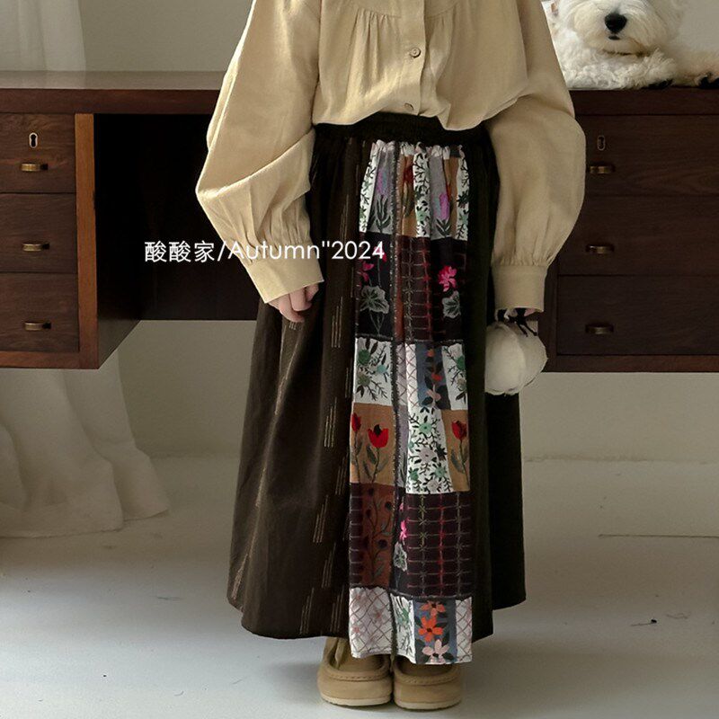 女童民族风碎花拼接条绒半身裙秋季新品韩系儿童花朵宽松长裙腰裙