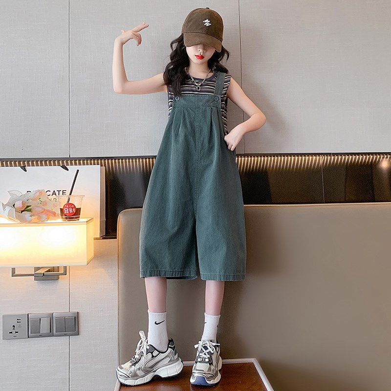 女童背带裤套装2024夏装新款儿童韩版洋气女孩宽松薄款短裤两件套图片