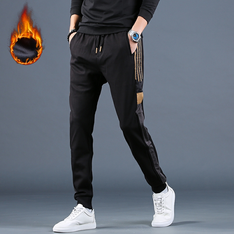 冬季男款加绒裤子男士拼接休闲裤黑色松紧腰加厚卫裤男运动烟管裤