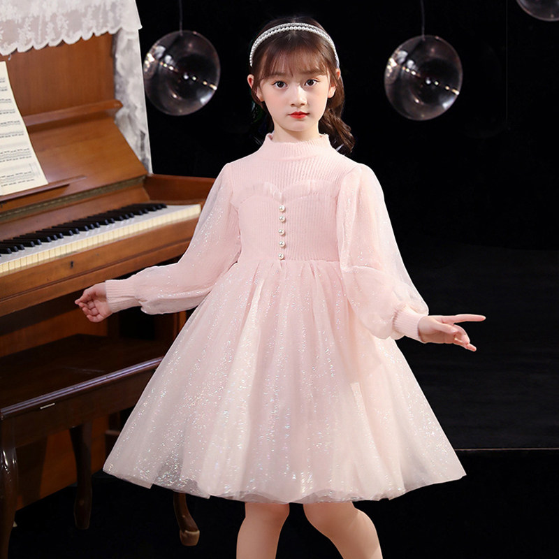 女童洋装秋冬款加绒加厚珍珠针织毛衣裙网纱裙小女孩洋派公主裙