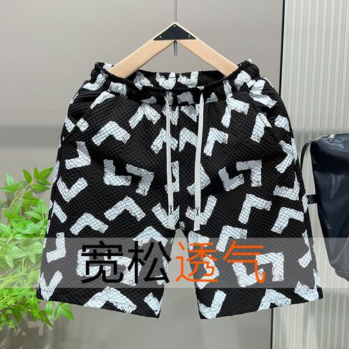 薄款透气五分裤子男士中裤潮流印花休闲短裤男外穿宽松速干大裤衩