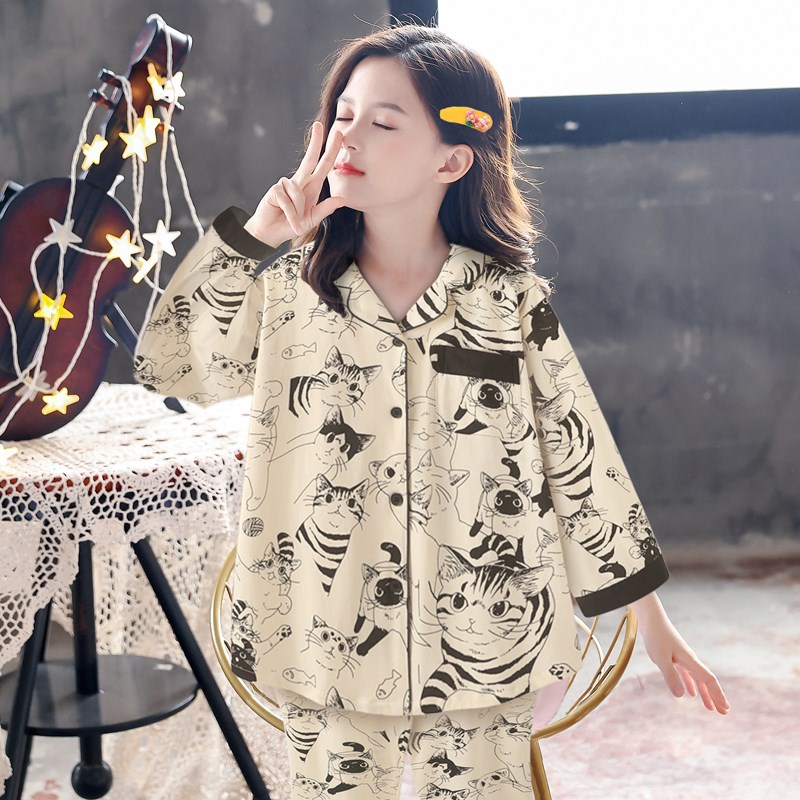 日系复古卡通春秋季新款可爱猫咪纯棉睡衣女童春秋长袖家居服套装