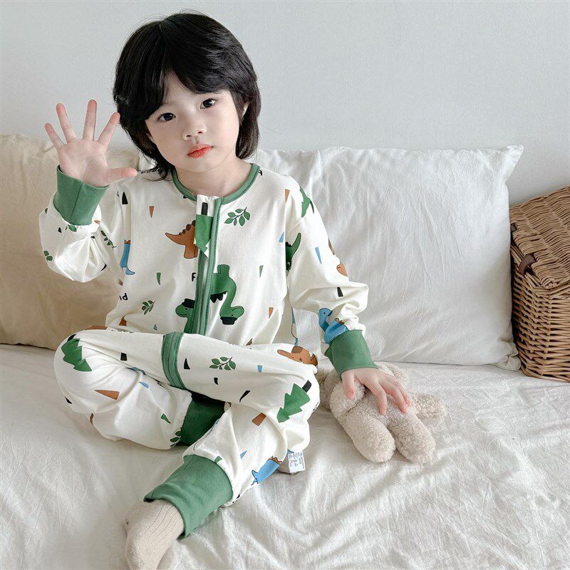 宝宝纯棉睡袋春秋分腿连体睡衣男童卡通恐龙防踢被女童连身衣爬服