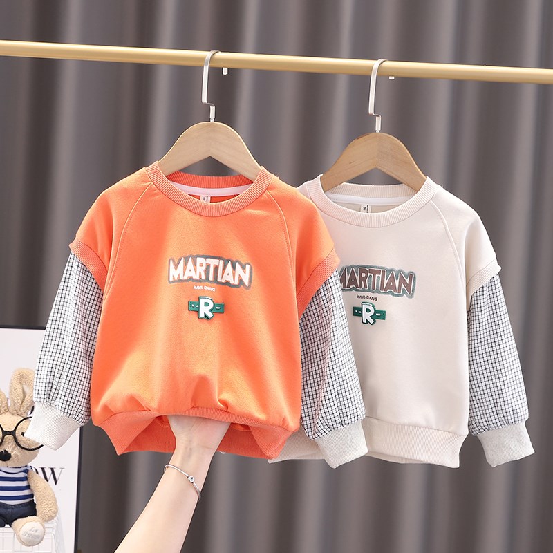 男童长袖T恤春秋款宝宝洋气假两件儿童韩版卫衣小童2023 新款春装