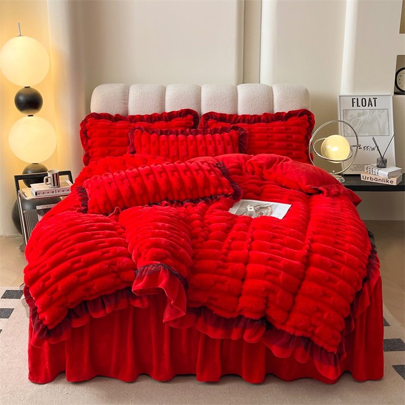 兔兔绒四件套新婚双面绒床上用品婚庆大红色喜庆牛奶绒提花床裙款,床上用品,婚庆床品套件,淘宝优惠券,粉丝福利购,淘宝优惠卷