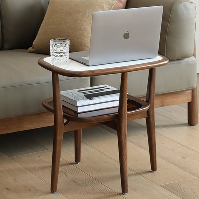 北美黑胡桃木角几意式轻奢岩板边几客厅沙发边桌实木玻璃小茶几