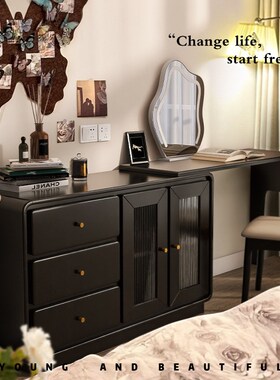 实木梳妆台斗柜一体卧室黑色中古小户型化妆桌2024新款转角梳妆台