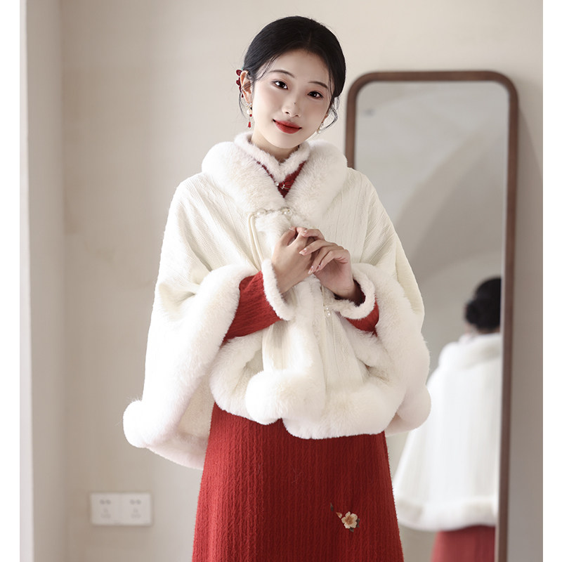 白色婚纱旗袍披肩秋冬季新娘结婚敬酒服加厚加绒外搭斗篷披风外套