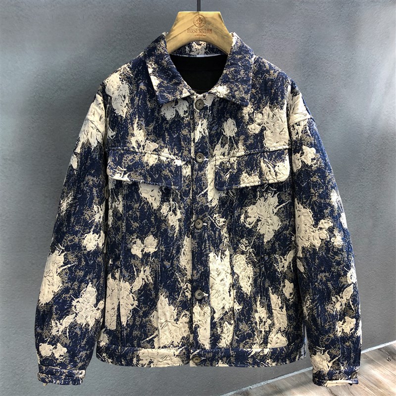 新中式高级肌理感花卉刺绣潮牌牛仔外套男士春秋款休闲翻领夹克男