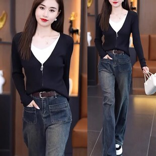 女秋季 新款 穿搭一整套针织衫 时尚 直筒裤 套装 窄版 两件套 牛仔宽裤